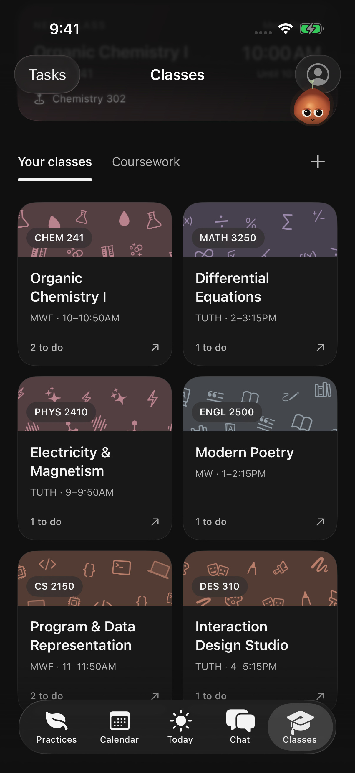 Ordo Classes for a fictional six-course semester: Organic Chemistry I, Differential Equations, Electricity & Magnetism, Modern Poetry, Program & Data Representation, and Interaction Design Studio, with meeting times and open coursework counts.