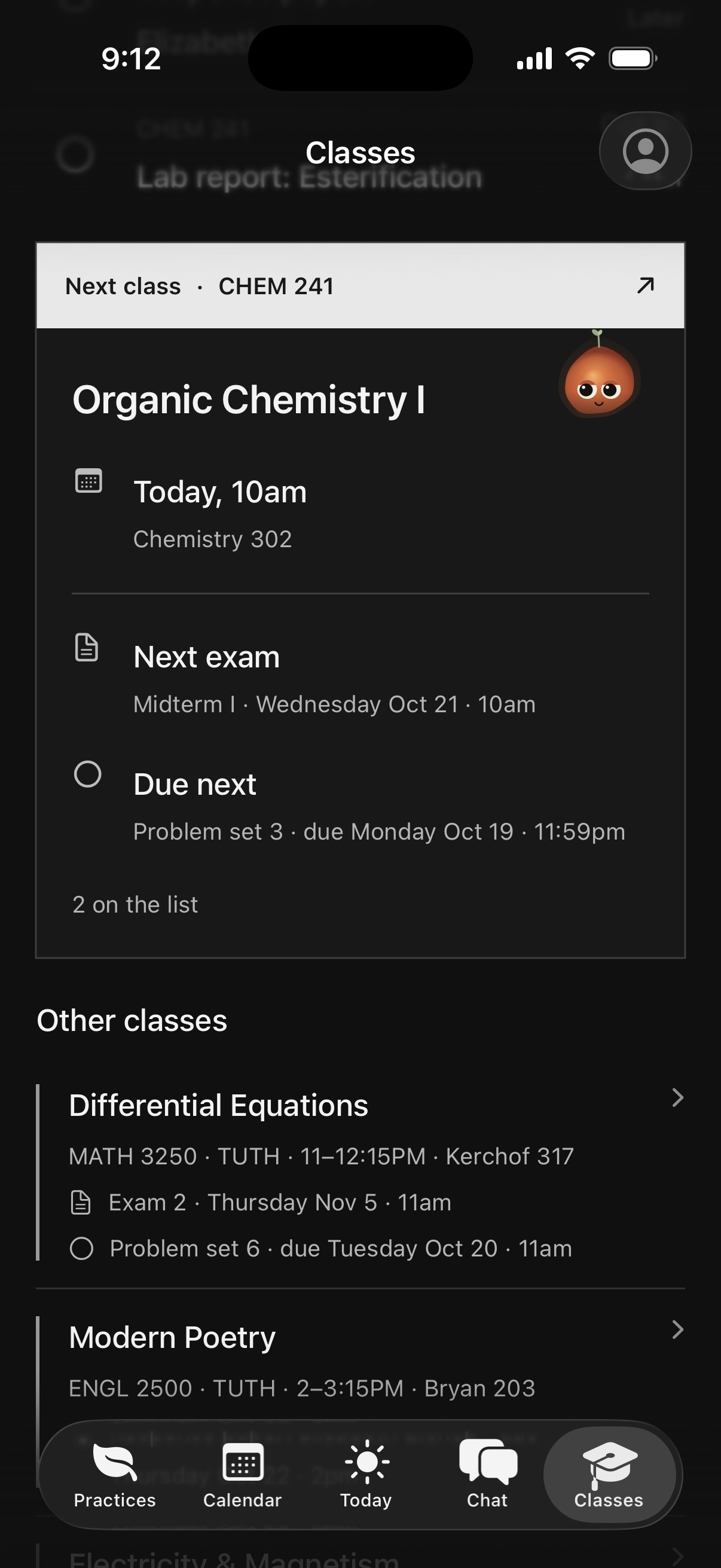Ordo Classes tab: next class CHEM 241, Organic Chemistry I in Chemistry 302. Next exam: Midterm I, Wednesday October 21 at 10am. Due next: Problem set 3. Other classes: Differential Equations, Exam 2 on Thursday November 5.